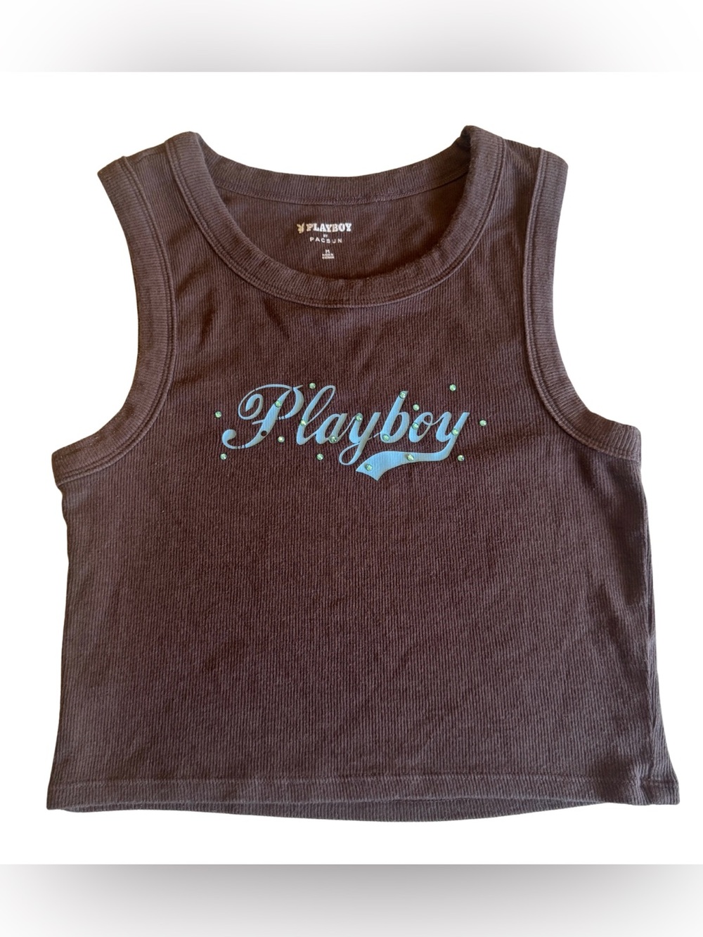 Playboy by PacSun Brown Ribbed Crop Tank Top Rhinestone Graphic Women Medium Y2K
